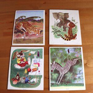 Set of 4 Vintage Playskool Wooden Animal Puzzles Golden Press 80 Series